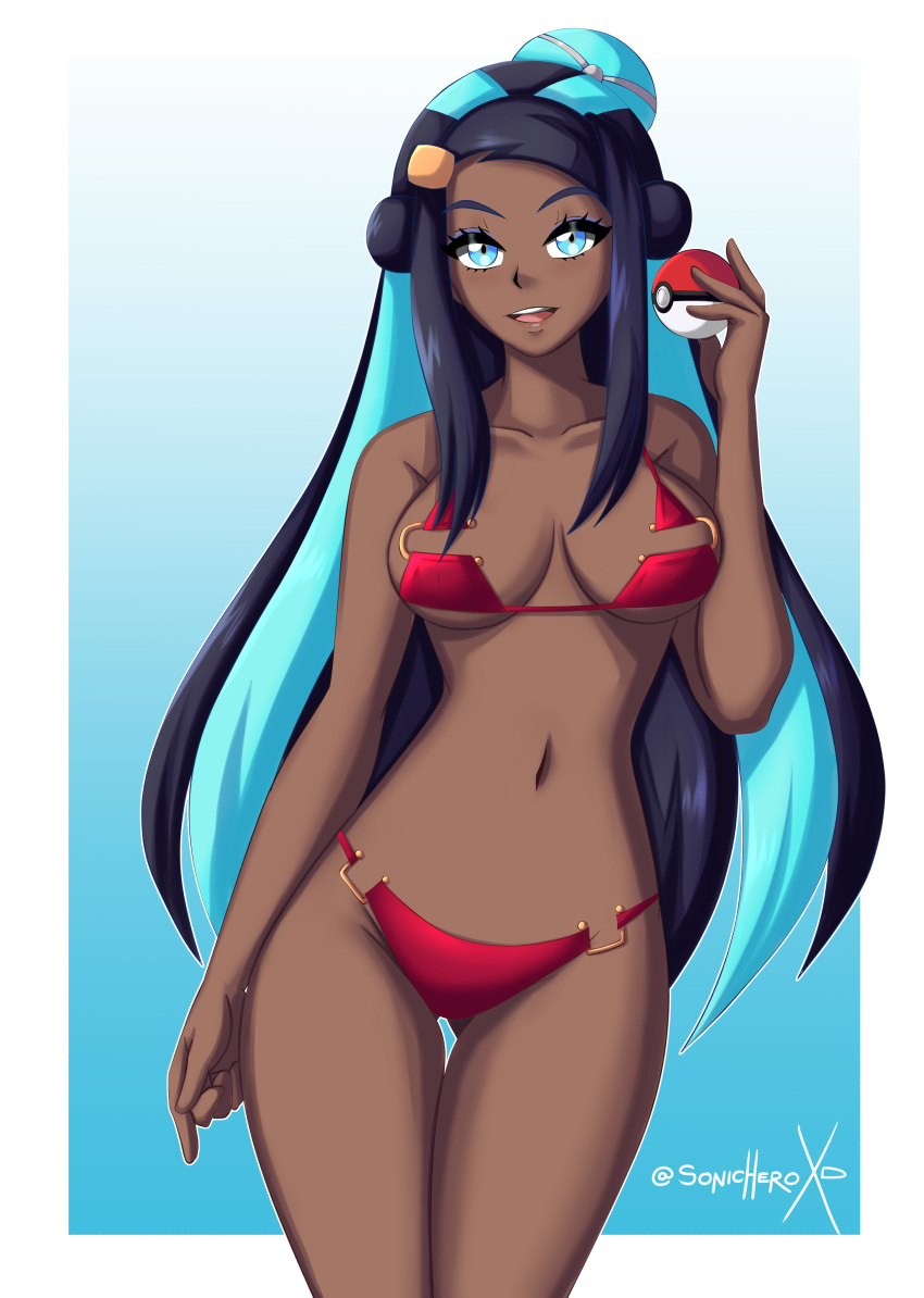 breasts dark-skinned_female dark_skin female female_only looking_at_viewer nessa_(pokemon) nintendo open_mouth pokemon solo sonicheroxd