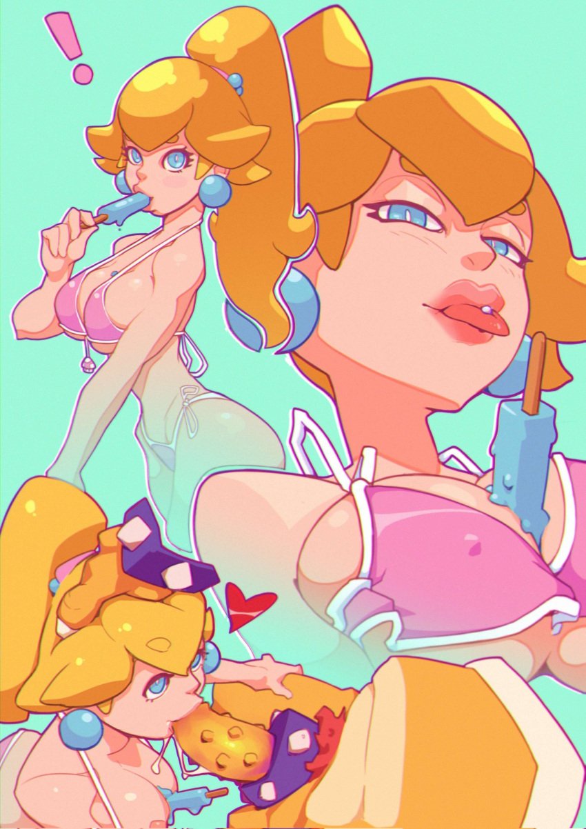 1boy 1girls blonde_hair blowjob blue_eyes bowser disembodied_hand earrings fellatio female hand_on_another's_head heart ice_cream ice_cream_on_breasts light-skinned_female light_skin male male/female mario_(series) oral oral_sex penis pierced_tongue piercing ponytail popsicle princess_peach sexually_suggestive tongue tongue_out tongue_piercing venomous_viper