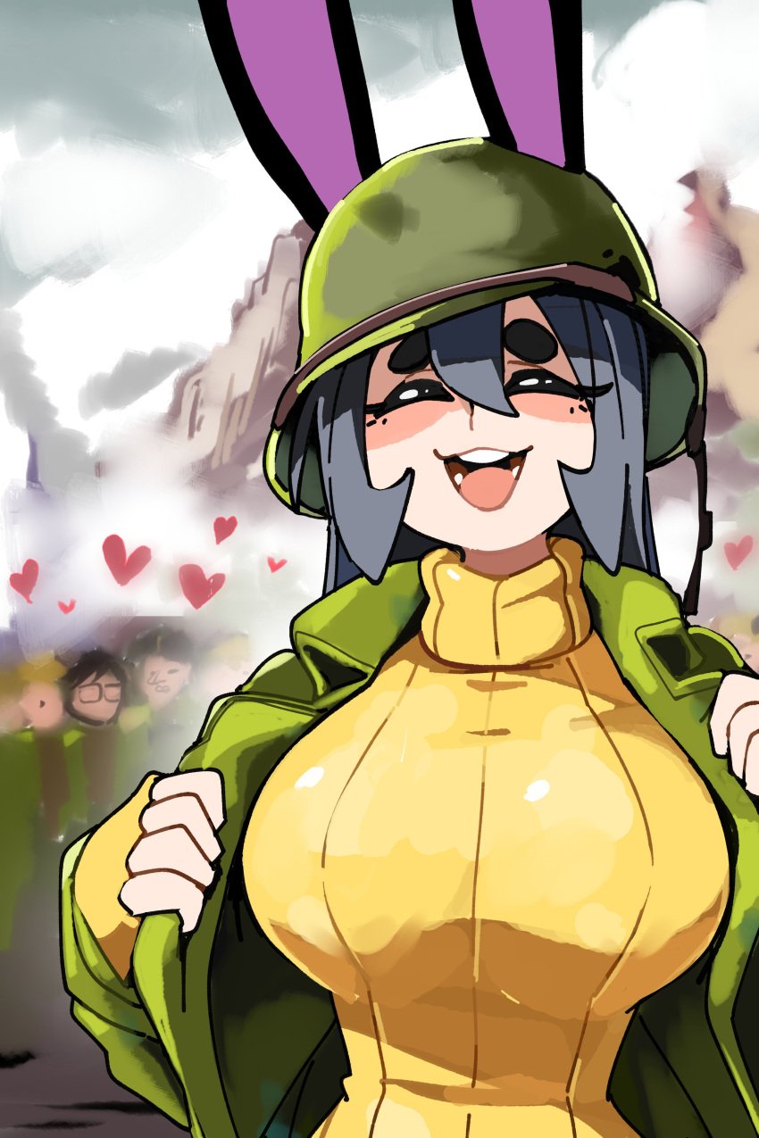 1girls absurd_res big_breasts bongfillstudent bunny_ears bunny_industry_(bongfillstudent) bunnygirl closed_eyes female grey_hair military_helmet military_jacket smiling sweater tank_bunny_(bongfillstudent) thousand_yard_stare