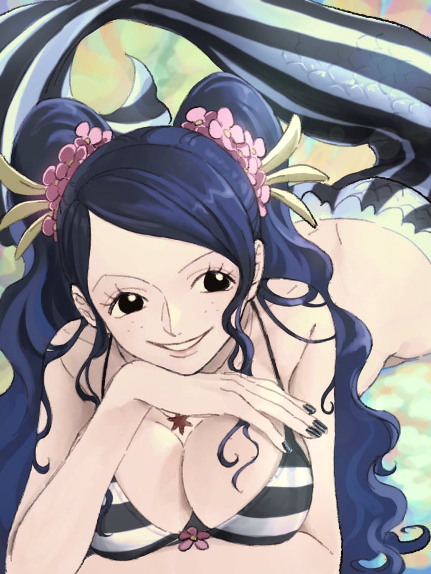 big_breasts bikini_top black_eyes black_hair black_nails cleavage female female_only fishman_island flower_in_hair freckles hair_ornament ishilly mermaid nail_polish one_piece post-timeskip smile solo twintails urasanmyaku wavy_hair