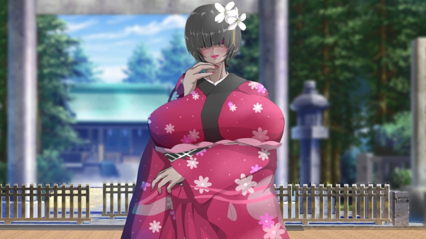 1girls big_breasts blush breasts clothed clothed_female clothing cumdis female female_pervert hair_over_eyes huge_breasts kimono large_breasts textless vriekiss_(cumdis) witch