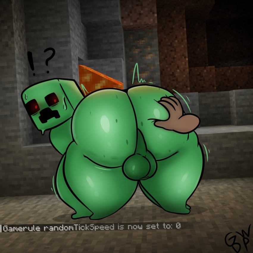 !? 2d ass ass_grab backsack balls bent_over big_ass black_sclera cave creeper digital_media_(artwork) disembodied_hand feral freckles freckles_on_ass green_body green_skin guywithdapen hand_on_butt hi_res looking_back male male_only minecraft motion_lines perineum rear_view red_eyes surprised sweatdrop text thick_thighs wide_eyed wide_hips