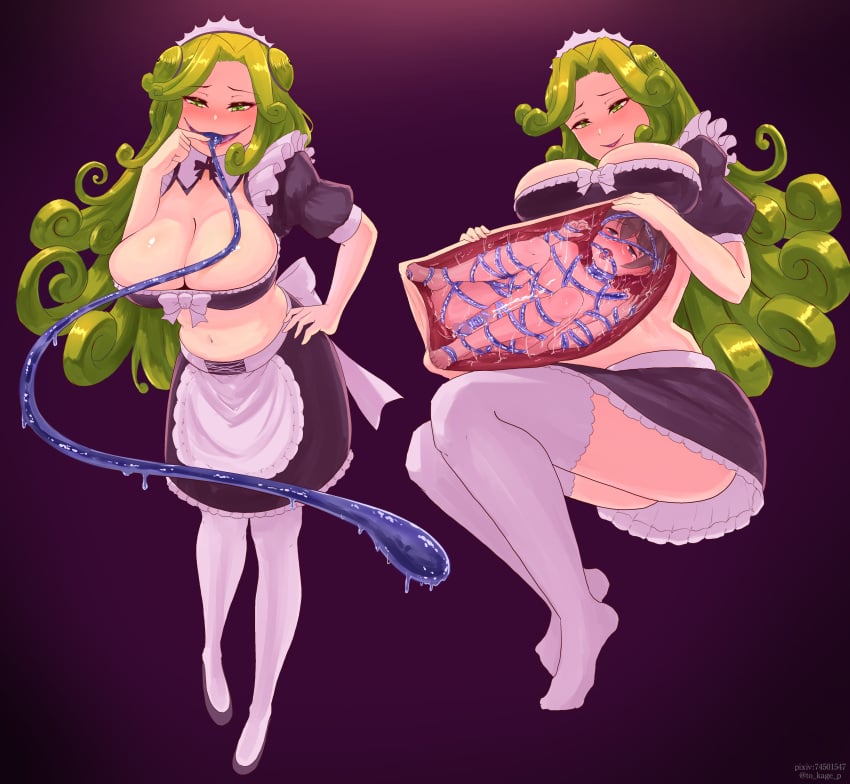 1b 1boy 1girls belly big_belly big_breasts breasts cleavage cum cumming female female_pred green_hair huge_belly internal_view long_tongue maid_uniform male male_prey same_size_vore tentacle to_kage_p vore x-ray