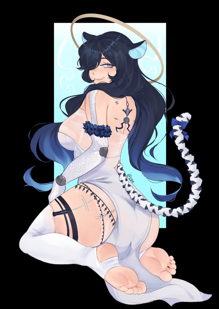 animal_ears animal_tail back_view big_ass big_breasts big_butt big_thighs big_titties black_hair breasts clothing comission curvaceous curvaceous_female curvaceous_figure curvy curvy_figure curvy_hips cyadraws feet feet_focus foot_fetish long_hair original original_character