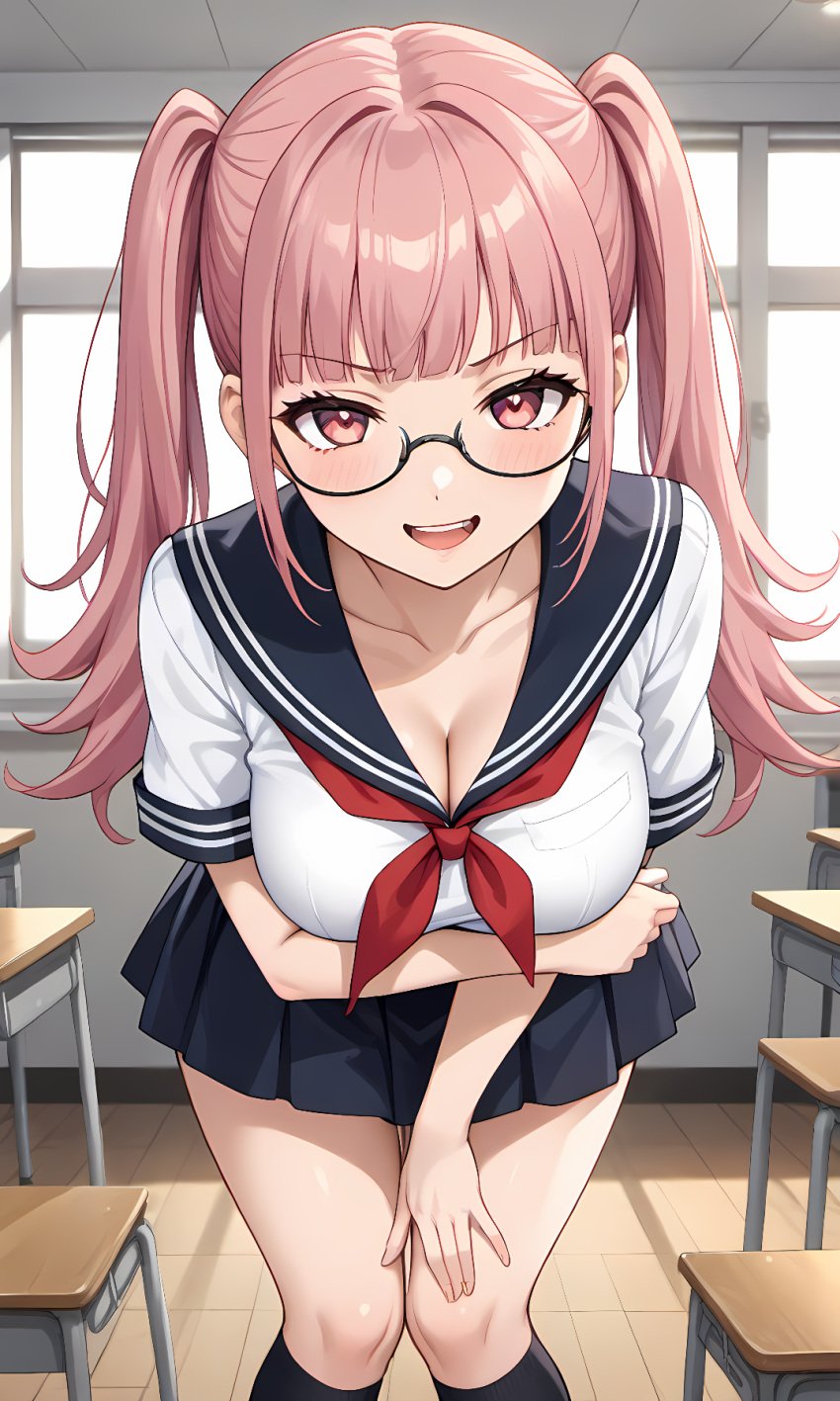 1girls ai_generated arm_under_breasts bangs big_breasts black_skirt classroom cleavage collarbone fire_emblem fire_emblem:_three_houses glasses hilda_valentine_goneril kneehighs kslgsnb looking_at_viewer miniskirt nintendo open_mouth pink_eyes pink_hair pixai red_neckerchief school school_uniform schoolgirl seductive seductive_look serafuku smile solo solo_female thick_thighs thighs twintails