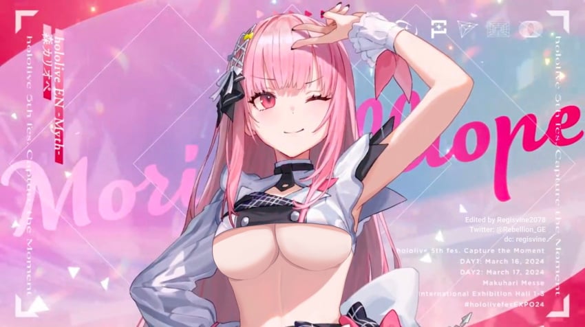 abdomen belly cute discord_username hololive hololive_english hololive_myth idol mori_calliope outfit regisvine2078 smiling underboob virtual_youtuber winking