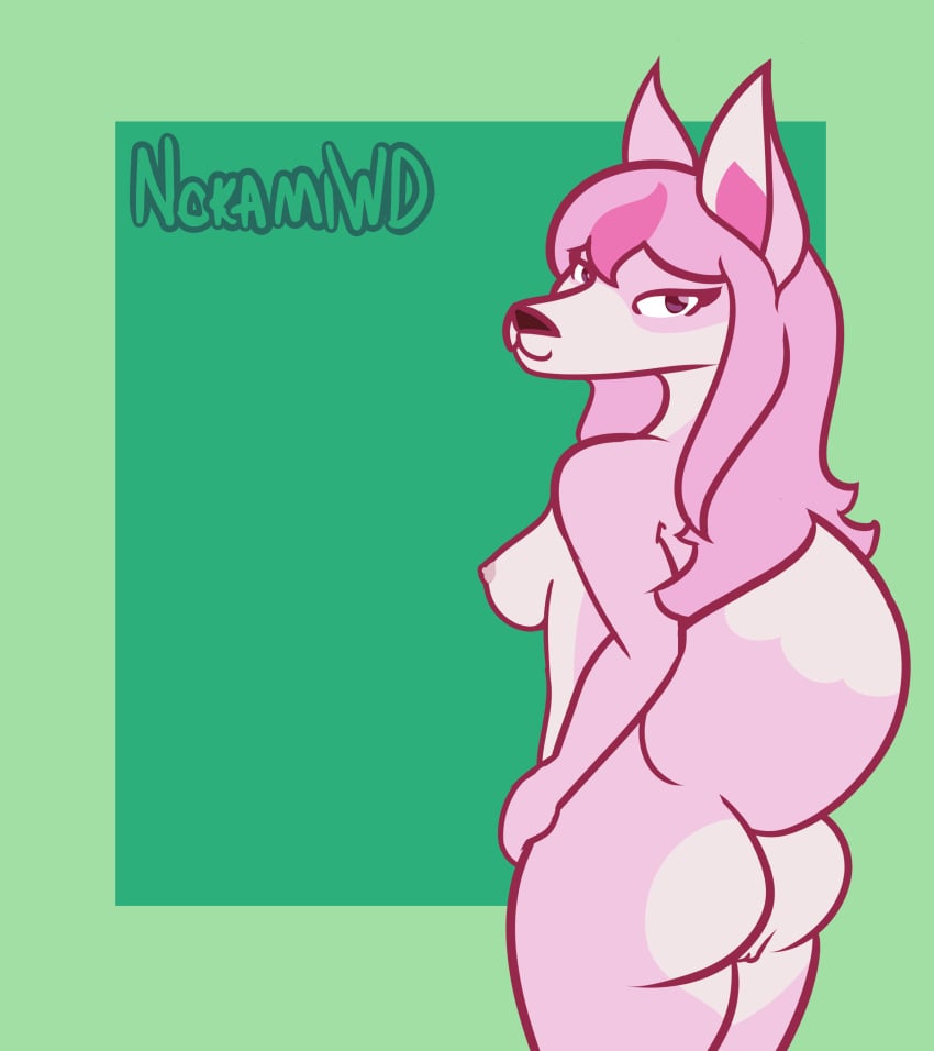 absurd_res anthro ass big_breasts big_butt brand_new_animal breasts canid canine female fluffy fluffy_tail fox fur hi_res mammal nazuna_hiwatashi nokamiwd rear_view studio_trigger tail white_body white_fur