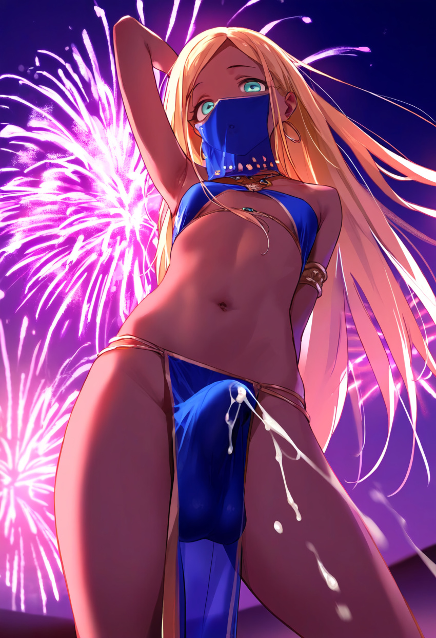 ai_generated aqua_eyes arabian_clothes arm_up armpits balls blonde_futa blonde_hair blue_clothing bulge cum cum_drip cum_dripping_from_penis cum_through_clothes cumming cumshot dancer dancer_outfit dark-skinned_futanari dark_skin dickgirl doseogwan earrings ejaculation erect_penis erection erection_under_clothes fireworks from_below futa_only futanari long_hair looking_at_viewer mouth_veil one_arm_up outside penis realistic_penis_size small_breasted_futa small_breasts solo solo_futa standing veil