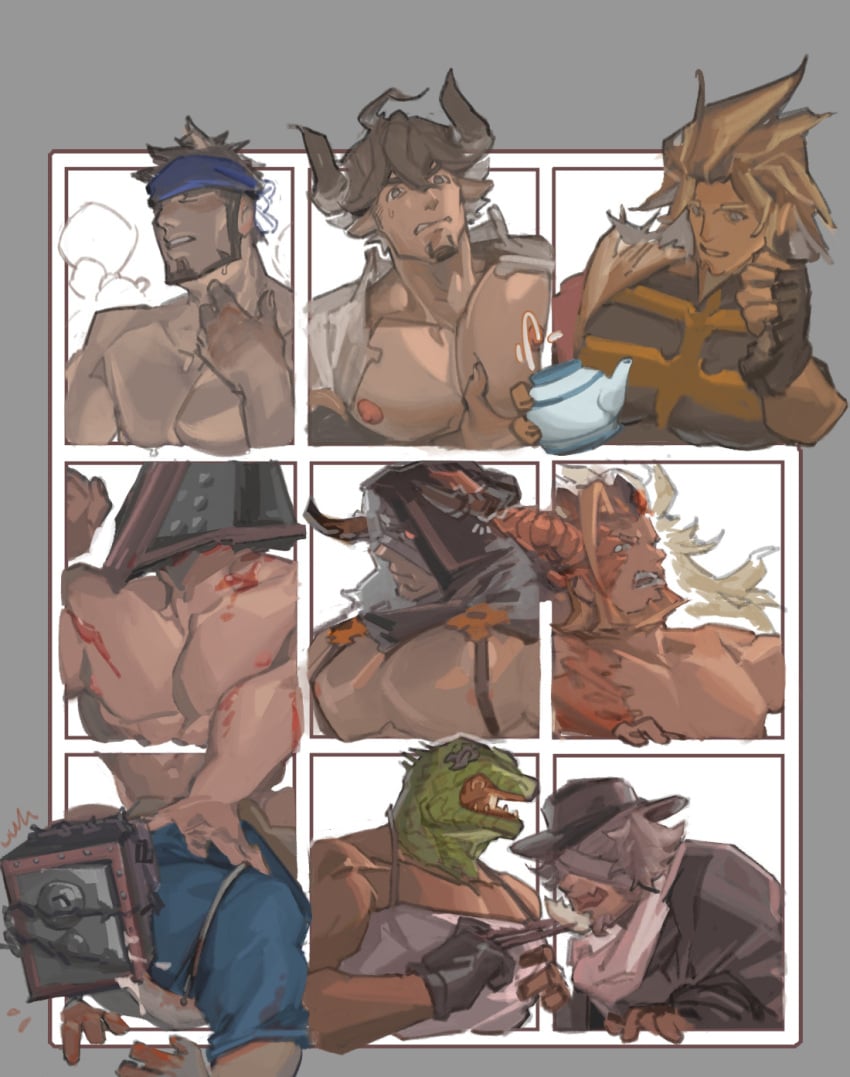 6+boys anal animal_head bara barawa bare_pectorals beard biceps blonde_hair blue_headband caiman_(dorohedoro) character_request copyright_request cow_boy cow_horns cowboy_shot dorohedoro draph facial_hair fedora feeding flexing full_beard goatee grabbing_own_pectoral granblue_fantasy green_scales guilty_gear hat headband highres horns large_pectorals leo_whitefang luboyaqqz male_focus male_lactation male_only mature_male multiple_boys multiple_images muscular muscular_male nipples object_head outside_border pectorals pouring pyramid_head reptile_boy sex short_hair silent_hill silent_hill_(series) six_fanarts_challenge smile spikes sweat teapot the_keeper thick_beard thick_eyebrows vaseraga yaoi