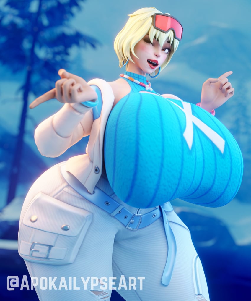 1girls 3d 3d_(artwork) apokailypseart ass_expansion big_ass blonde_hair breast_expansion breast_focus breasts breasts_bigger_than_head evie_(fortnite) female female_only fortnite giantess huge_breasts hyper_ass hyper_breasts solo_female solo_focus summitseeker_evie_(fortnite) wink