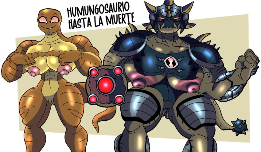 2girls alien armor ben_10 ben_10_alien_force ben_10_omniverse big_nipples chaquetrix cyborg dinosaur_girl dinosaur_humanoid evolved_vaxasaurian fangs female female_only furu_flami green_skin huge_breasts humungousaur meme multiple_girls muscular_female spanish_text spiked_tail spikes thick_thighs ultimate_humungousaur vaxasaurian visible_pussy