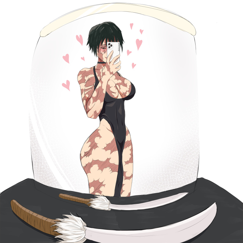 1girls alternate_version_available big_breasts black_dress breasts brown_eyes cleavage clothing dark_green_hair dress eyewear female female_only genfleur0108 glasses green_hair hair heart heart hearts_around_head huge_breasts jujutsu_kaisen mirror mirror_reflection mirror_selfie pelvic_curtain phone scar scars scars_all_over scars_on_arm scars_on_face scars_on_thighs selfie short_hair skimpy skimpy_dress solo solo_female sword thick_thighs thighs weapon zenin_maki