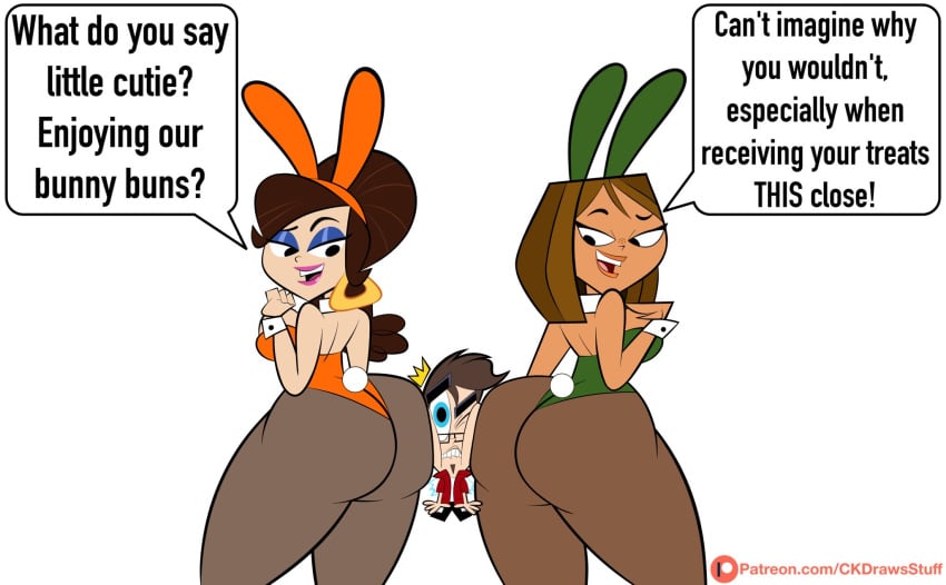 big_ass big_butt blue_eyeshadow brown_hair bunny_ears bunny_tail bunnysuit cartoon courtney_(tdi) dark-skinned_female dialogue earrings english english_text eyeshadow fugget_about_it head_between_ass interracial light-skinned_female lipstick long_hair oc pink_lipstick self_insert short_hair size_difference smile smiling smirk squished_ass stockings theresa_falcone total_drama_island watermark