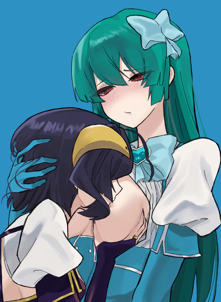 2girls big_breasts blue_background breasts bridal_gauntlets elbow_gloves exposed_breasts hiiragi_utena magia_azul magia_baiser mahou_shoujo_ni_akogarete minakami_sayo no_bra sucking_nipples tagme ulette yuri