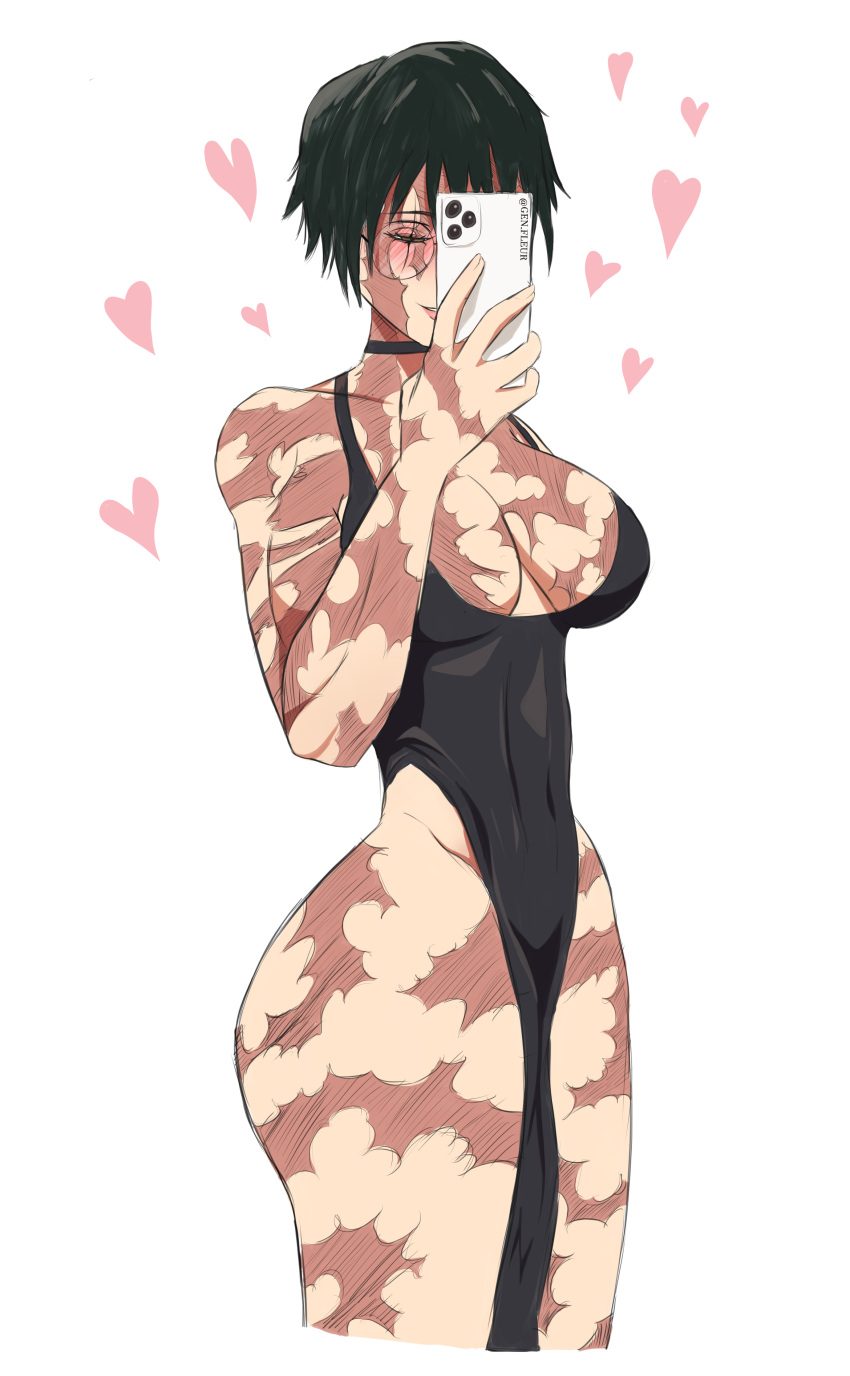 1girls alternate_version_available big_breasts black_dress breasts brown_eyes cleavage clothing dark_green_hair dress eyewear female female_only genfleur0108 glasses green_hair hair heart heart hearts_around_head huge_breasts jujutsu_kaisen pelvic_curtain phone scar scars scars_all_over scars_on_arm scars_on_face scars_on_thighs selfie short_hair skimpy skimpy_dress solo solo_female sword thick_thighs thighs weapon zenin_maki