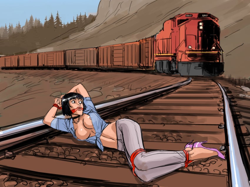 au_(artist) black_hair boli-blog bondage breasts_out erect_nipples nipples peril tied_to_railway