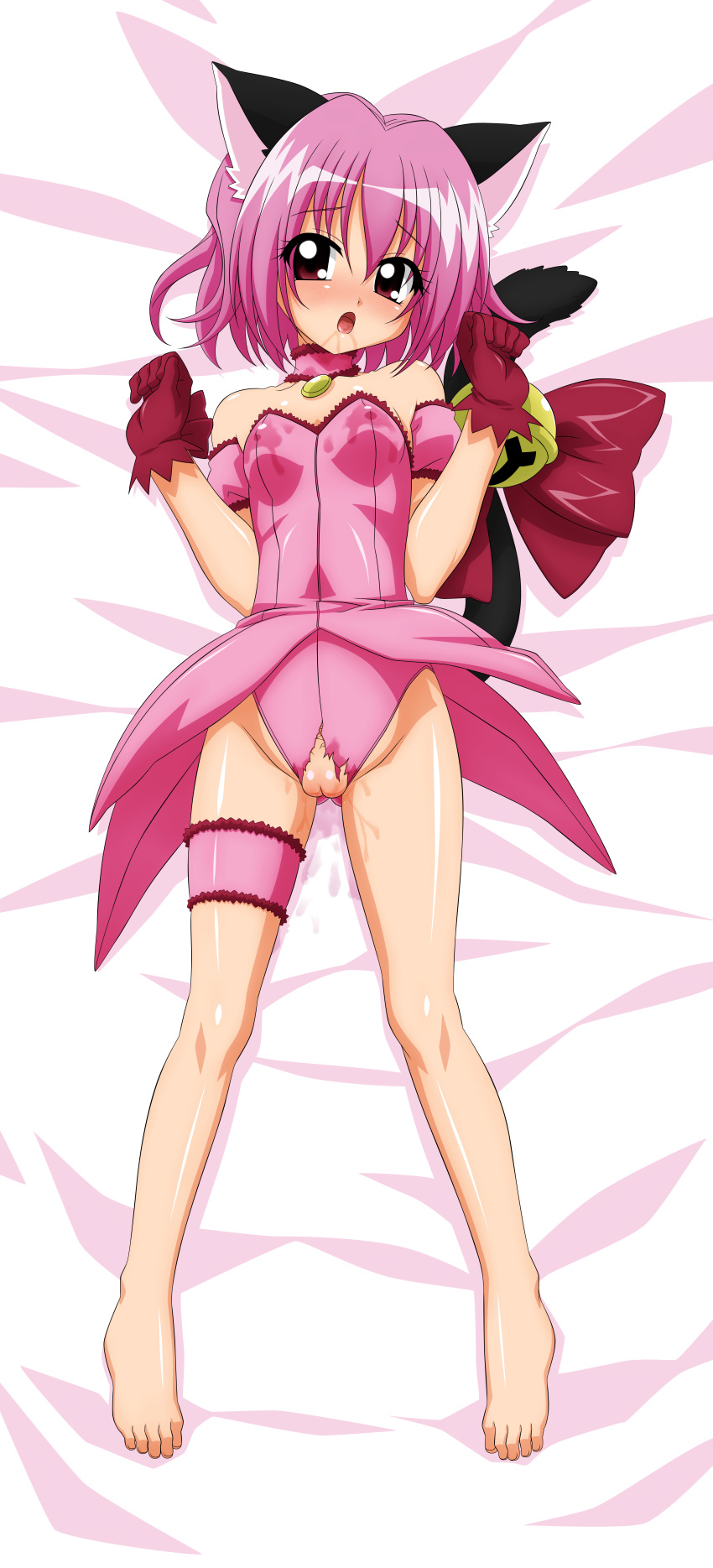 absurd_res animal_ears arm_garter barefoot bed_sheet bell bow cat_ears cat_tail dakimakura feet female garters gloves high_resolution huge_filesize ichigo_momomiya jingle_bell jpg leotard lying magical_girl mew_ichigo pink_hair pussy pussy_juice saliva short_hair solo sugimura_tomokazu tail tail_bell tokyo_mew_mew torn_clothes