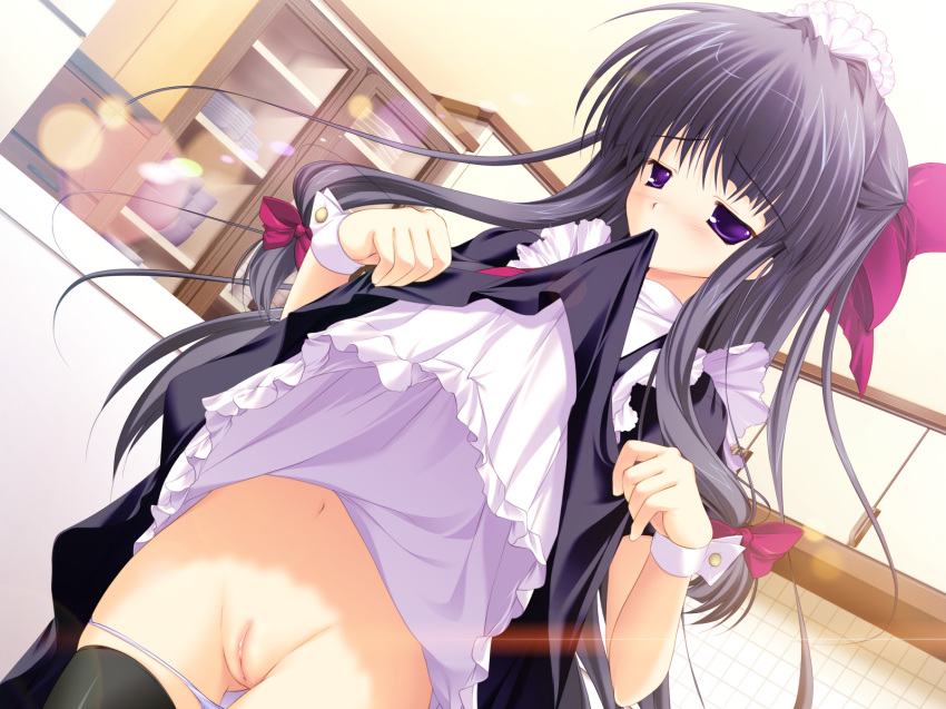 blush dutch_angle game_cg highres long_hair lyrical_ds maid mikeou miraroma mouth_hold navel panties panty_pull purple_eyes pussy skirt skirt_lift thighhighs tsukimiya_kaede uncensored underwear wrist_cuffs