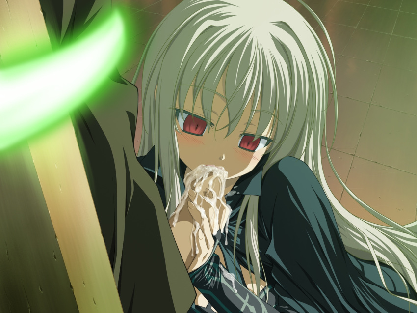 cum cum_in_mouth fellatio female flolium_blosselliand game_cg highres long_hair oral penis rape red_eyes reverse_forced_oral shida_kazuhiro tied uncensored white_hair wiz_anniversary