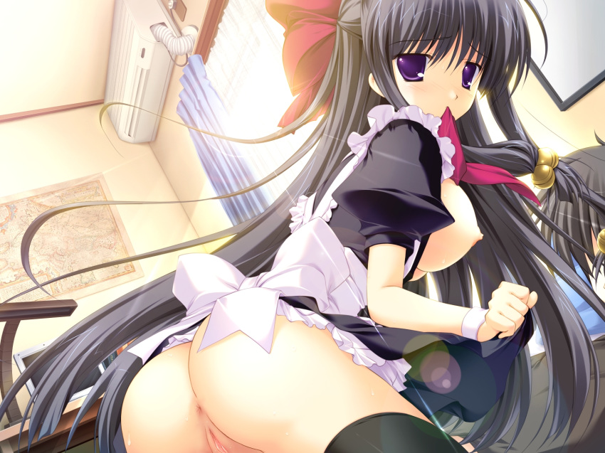 anus ass black_hair black_legwear black_thighhighs blush breasts dutch_angle female from_behind game_cg highres long_hair looking_back lyrical_ds maid mikeou miraroma mouth_hold nipples purple_eyes pussy skirt skirt_lift solo thighhighs tsukimiya_kaede uncensored vagina