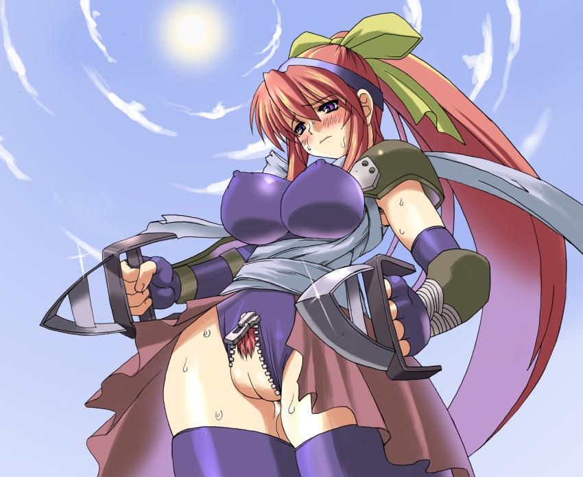 assassin_(ragnarok_online) blade blush bow breasts elbow_gloves erect_nipples fat_mons gloves jamadhar katar kuma_teikoku large_breasts long_hair ponytail pubic_hair purple_eyes pussy ragnarok_online red_hair ribbon shoulder_pads skin_tight sweat thighhighs tied_hair unzipped very_long_hair zipper