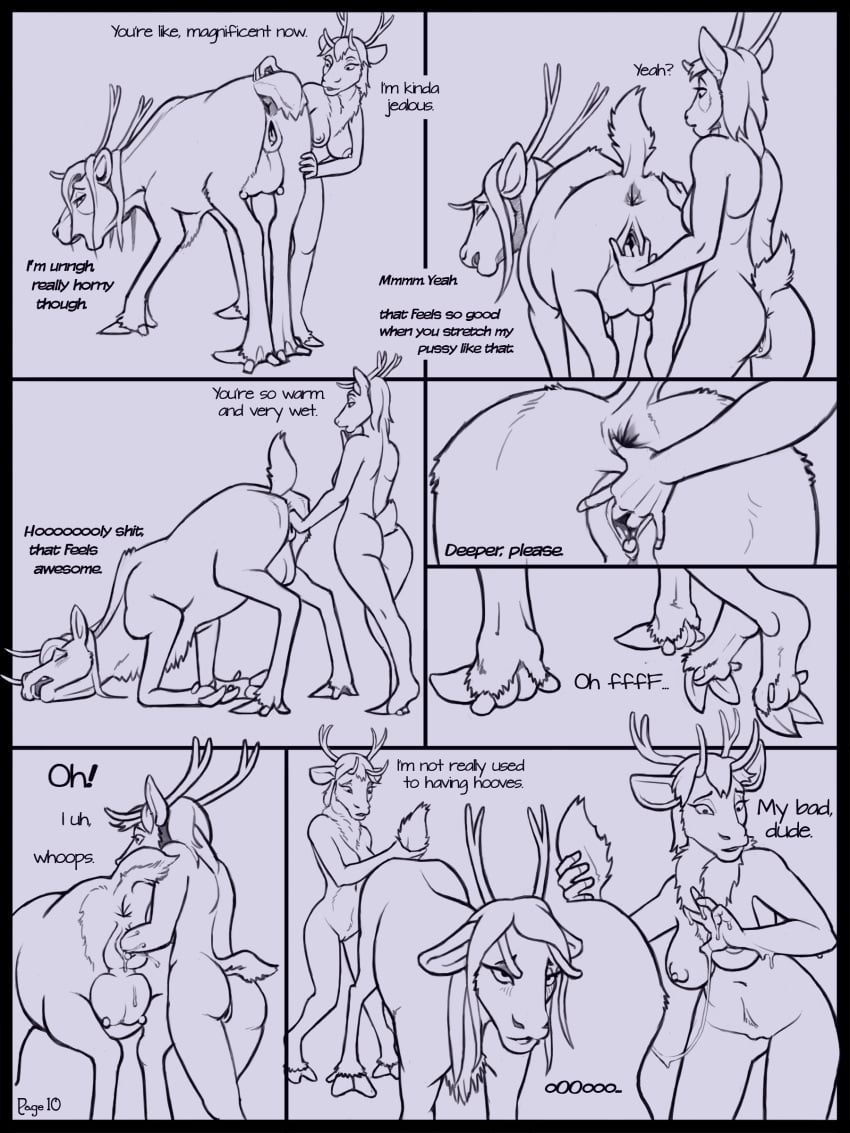 anthro anthro_on_feral antlers anus aroused ass breasts cervine comic dialogue eggnog female female_on_feral feral fingering fisting gender_transformation hooves horn horny_(disambiguation) ink lord_magicpants mammal nipples pussy pussy_juice raised_tail reindeer reindeer_nog stumble transformation yuri zoophilia