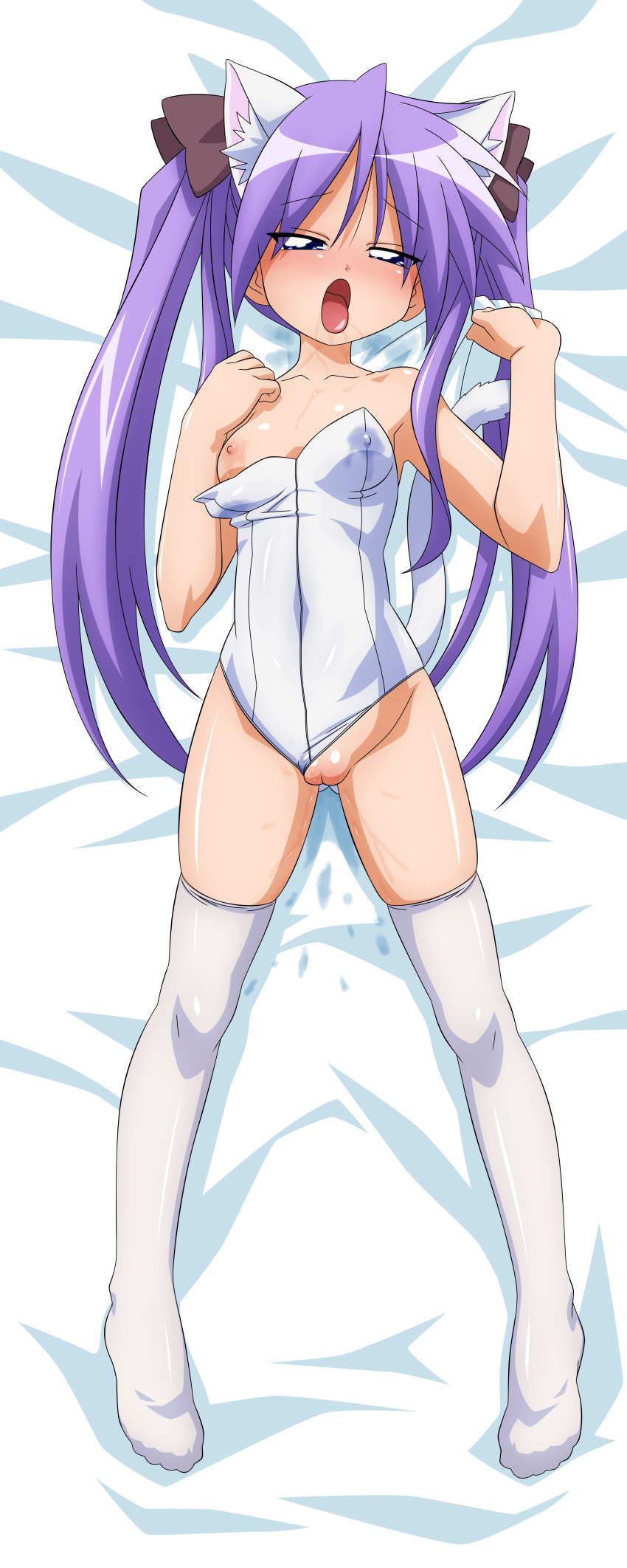 animal_ears bed cat_ears cat_tail dakimakura feet female female_only high_resolution huge_filesize human kagami_hiiragi lucky_star nipples open_mouth purple_hair pussy solo sugimura_tomokazu tail the_bed thighhighs tied_hair twintails uncensored