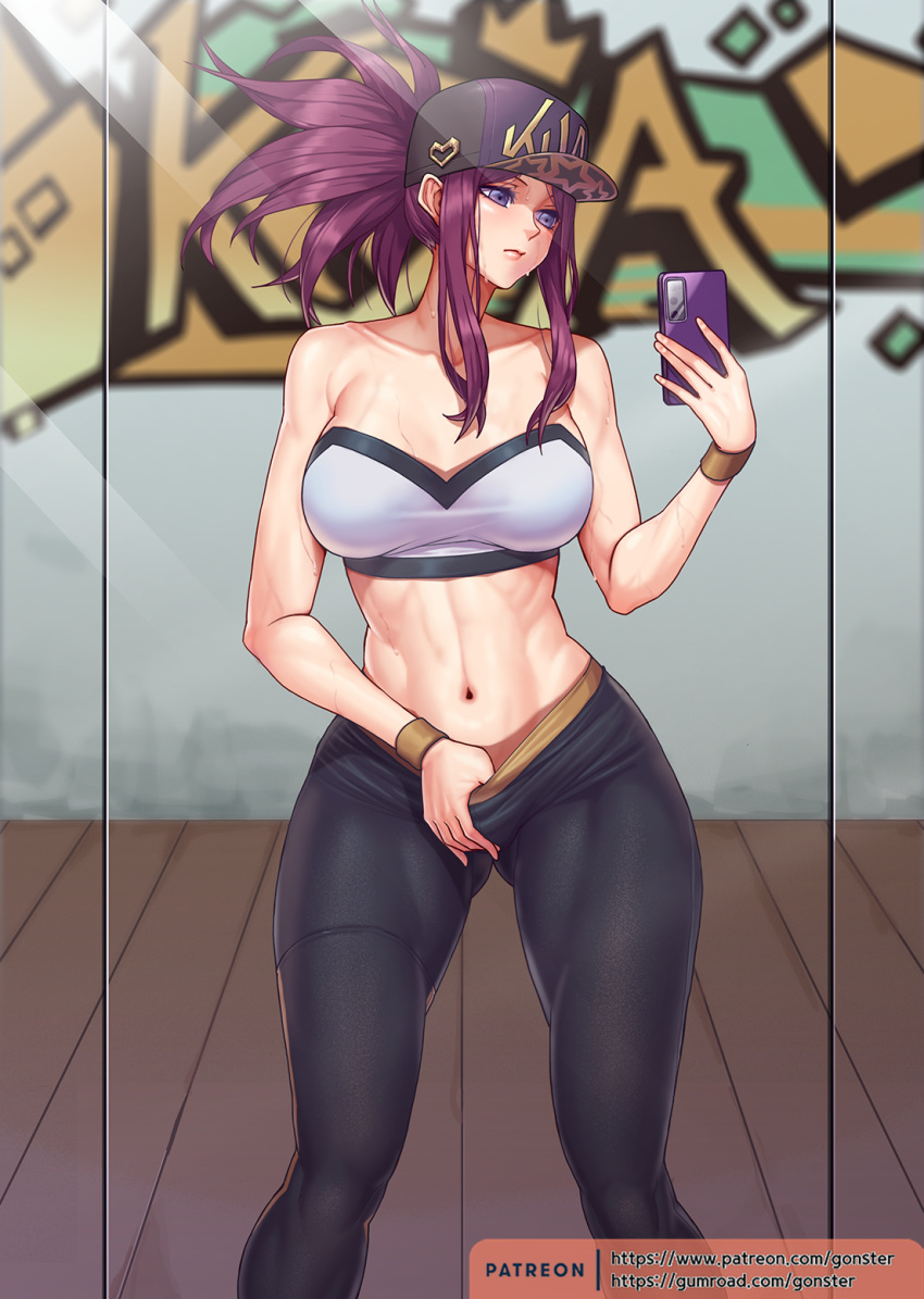 1girls akali big_breasts female female_only fully_clothed gonster hat hourglass_figure k/da_akali k/da_series large_ass large_breasts league_of_legends mirror mirror_selfie phone ponytail purple_eyes red_hair selfie short_hair solo sports_bra strapless strapless_top strapless_topwear sweat thick_thighs tubetop white_skin wide_hips yoga_pants