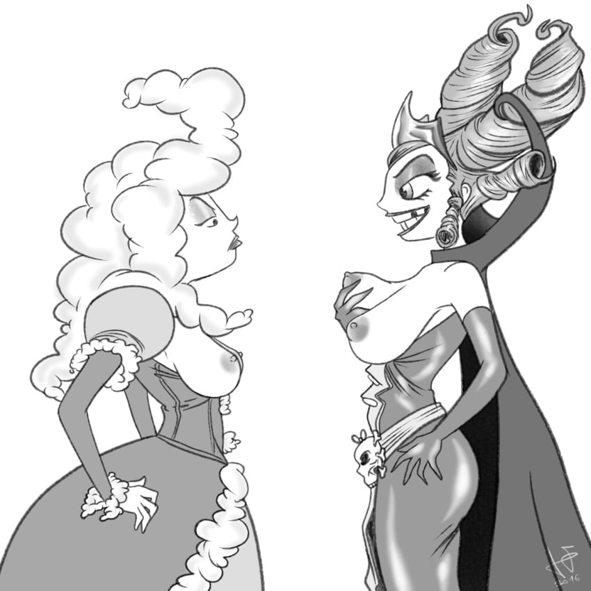 2016 artist_signature big_breasts breasts breasts_out draw-fiend duo female gertrude_(i_hate_fairyland) i_hate_fairyland monochrome nipples queen_cloudia sagging_breasts side_view sideboob