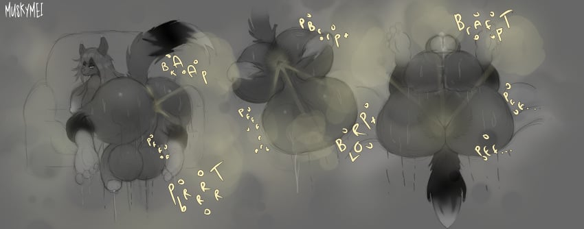absurd_res anthro anus ass balls big_butt bodily_fluids breasts digital_media_(artwork) fart fart_cloud fart_fetish female genitals hi_res huge_butt intersex musk musk_clouds muskymei nude presenting presenting_hindquarters raised_tail simple_background smelly solo tail