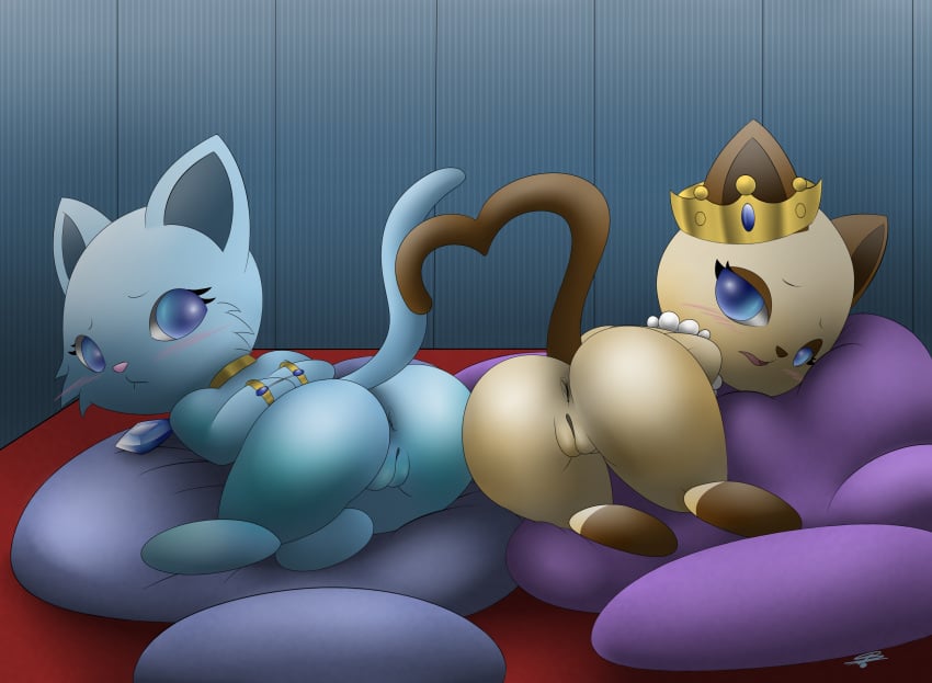 2girls anus ass bean_bag blue_fur blush bondage bound brown_fur crown feline female female_only fur furry gear_(artist) heart jewelpet jewelpet_(series) jewelpet_(species) jewelry kaiya_(jewelpet) lapis_(jewelpet) mammal necklace presenting pussy raised_tail sanrio sega sega_fave sega_toys tail tan_fur text tiara watermark