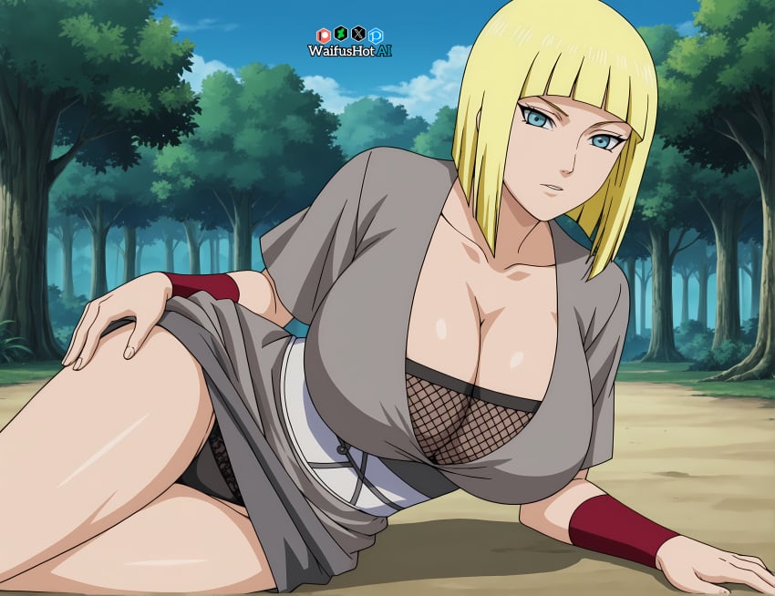 1girls ai_generated arm_guards bare_chest big_breasts blonde_hair blue_eyes blunt_bangs bob_cut breasts busty center_opening cleavage_cutout clothed clothed_female clothing collarbone deviantart_username dress female female_only forest full_cleavage fully_clothed hand_on_hip hourglass_figure huge_breasts large_breasts light-skinned_female light_skin long_hair looking_at_viewer lying_on_ground lying_on_side mature mature_female mature_woman medium_breasts milf naruto naruto_(series) naruto_shippuden nature no_bra oppai outdoors panties patreon_username pixiv_username samui sash slim_waist solo twitter_username underwear upper_body waifushotai watermark wide_hips