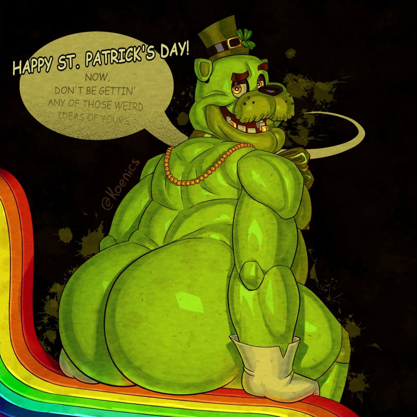 1:1 absurd_res animatronic anthro ass bear big_butt bubble_butt clothing clover_(plant) clover_leaf english_text five_nights_at_freddy's four_leaf_clover freddy_(fnaf) gloves gold_(metal) gold_tooth green_body green_clothing green_hat green_headwear handwear hat headgear headwear hi_res holidays huge_butt jewelry koenics leaf looking_at_viewer looking_back looking_back_at_viewer machine male mammal mostly_nude musclegut muscular necklace plant presenting presenting_hindquarters rainbow rear_view robot shamrock shamrock_freddy_(fnaf) sitting solo st._patrick's_day talking_to_viewer text top_hat