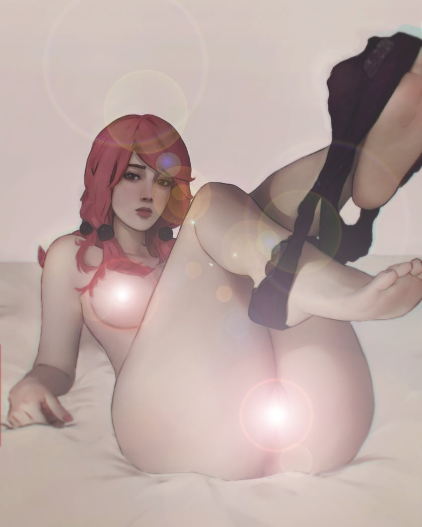 ass breasts censored feet feet_focus feet_up female female_focus female_only fully_nude jjba jojo's_bizarre_adventure jojolion laying_on_bed legs_up lens_flare meemo.psd panties patreon pink_hair playful pussy yasuho_hirose