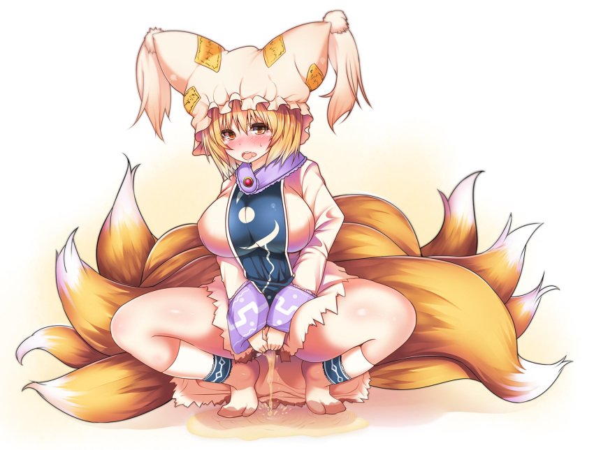 blonde_hair blush breasts crying crying_with_eyes_open dress female fox_girl fox_tail full_body hat kyuubi large_breasts long_sleeves multiple_tails nose_blush open_mouth orange_eyes peeing peeing_self pillow_hat ran_yakumo saliva short_hair socks solo squatting sweat tabard tail tassel tears teeth touhou white_dress white_legwear wildcat_(kusonemi)