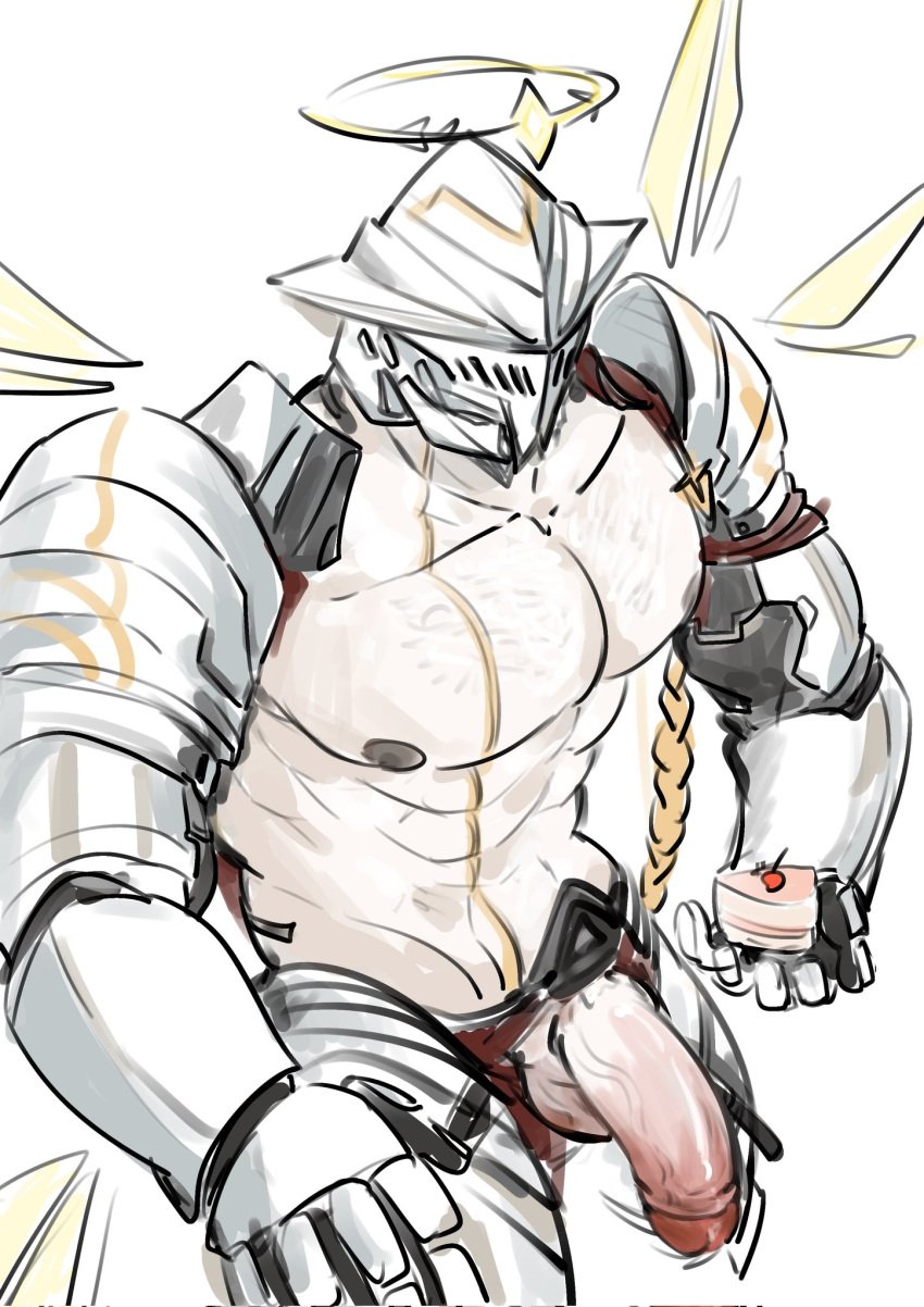 abs arknights armor armored_boots armored_gloves bara big_penis cake faceless_character faceless_male flaccid hairy halo helmet holding_object male male_only mostly_nude nipples pecs penis penis_out_of_underwear sankta_miksaparato tagme tagme_(artist) wings