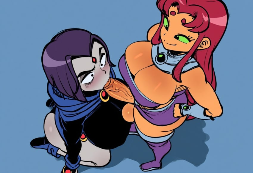 1futa ai_generated breasts dc dc_comics fellatio female from_above futa_on_female futadom futanari grey_body grey_skin high-angle_view intersex kneeling mullon novelai oral raven_(dc) starfire sweat tamaranean teen_titans