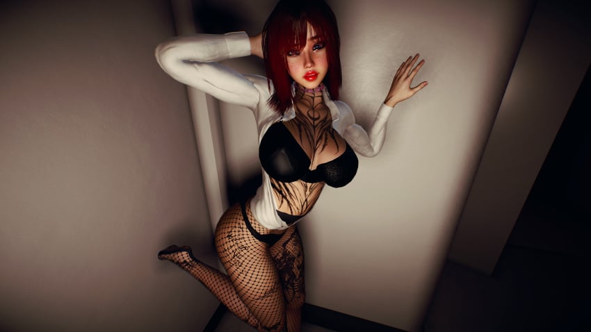 1girls 3d 4k apartment ass big_breasts black_hair bra breasts collar cosmic_eyes crashbanditkut door eyebrows eyelashes eyeshadow female female_focus fishnet_stockings fishnets hair hi_res high_resolution highres house legs light-skinned_female light_skin lips lipstick looking_at_viewer makeup medium_hair multicolored_eyes multicolored_hair night open_clothes open_shirt original original_character panties pet_play red_hair red_lipstick shirt smile solo stockings tattoo tattoos virt-a-mate virtamate young