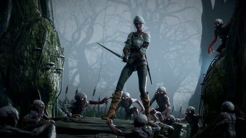 3d boots cd_projekt_red ciri clothing female forest gloves green_eyes imminent_rape imminent_sex light-skinned_female lydas3d lydaz mascara monster nekker outdoors penis scar sword the_witcher_(series) the_witcher_3:_wild_hunt white_hair witcher_medallion