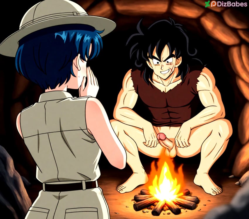 1boy 1girls ai_generated ami_mizuno bishoujo_senshi_sailor_moon black_hair blue_hair bottomless campfire cave crossover dizbabes dragon_ball dragon_ball_z erection female hand_over_mouth long_hair looking_at_another pith_helmet sailor_mercury short_hair sleeveless smile squatting stable_diffusion standing yamcha