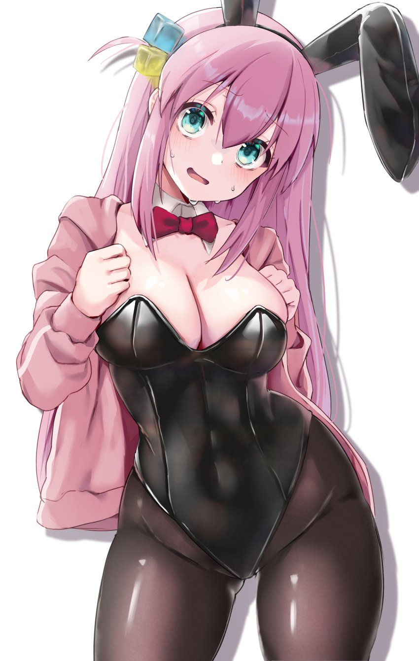 absurdres black_leotard black_pantyhose blue_eyes blush bocchi_the_rock! breasts cleavage cowboy_shot female gotou_hitori highres ice ice_cube jacket large_breasts leotard long_sleeves open_clothes open_jacket open_mouth pantyhose pink_hair pink_jacket playboy_bunny smile solo sweatdrop yami_anko