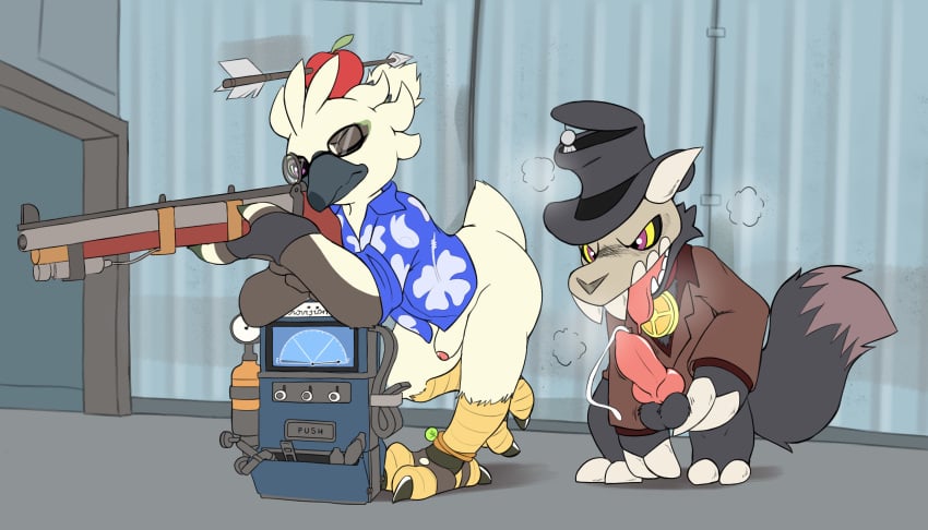 2fort animal_genitalia animal_penis anthro avian beak bodily_fluids bone canid canid_demon canine canine_genitalia canine_penis clothing demon disney dispenser_(team_fortress_2) duo erection feathers foreskin genital_fluids genitals gun headgear hi_res holding_gun holding_object holding_ranged_weapon holding_weapon humanoid_genitalia humanoid_penis king_clawthorne knot knotted_penis machine male male/male mammal miau nintendo oblivious open_mouth penis precum raised_tail ranged_weapon rifle rito skull skull_head sniper_(team_fortress_2) sniper_rifle spy_(team_fortress_2) tail team_fortress_2 tears_of_the_kingdom the_legend_of_zelda the_owl_house titan_(the_owl_house) topwear tulin_(tloz) uncircumcised valve weapon white_body white_feathers
