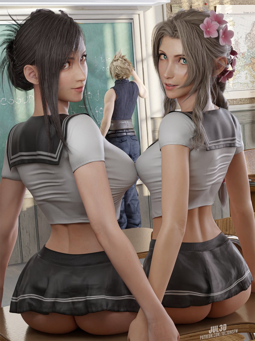 1boy 2girls 3d aerith_gainsborough big_ass big_breasts black_hair blender breasts cloud cloud_strife female final_fantasy final_fantasy_vii hi_res highres jul3d jul3dnsfw large_breasts long_hair looking_at_viewer makeup male red_eyes tifa_lockhart