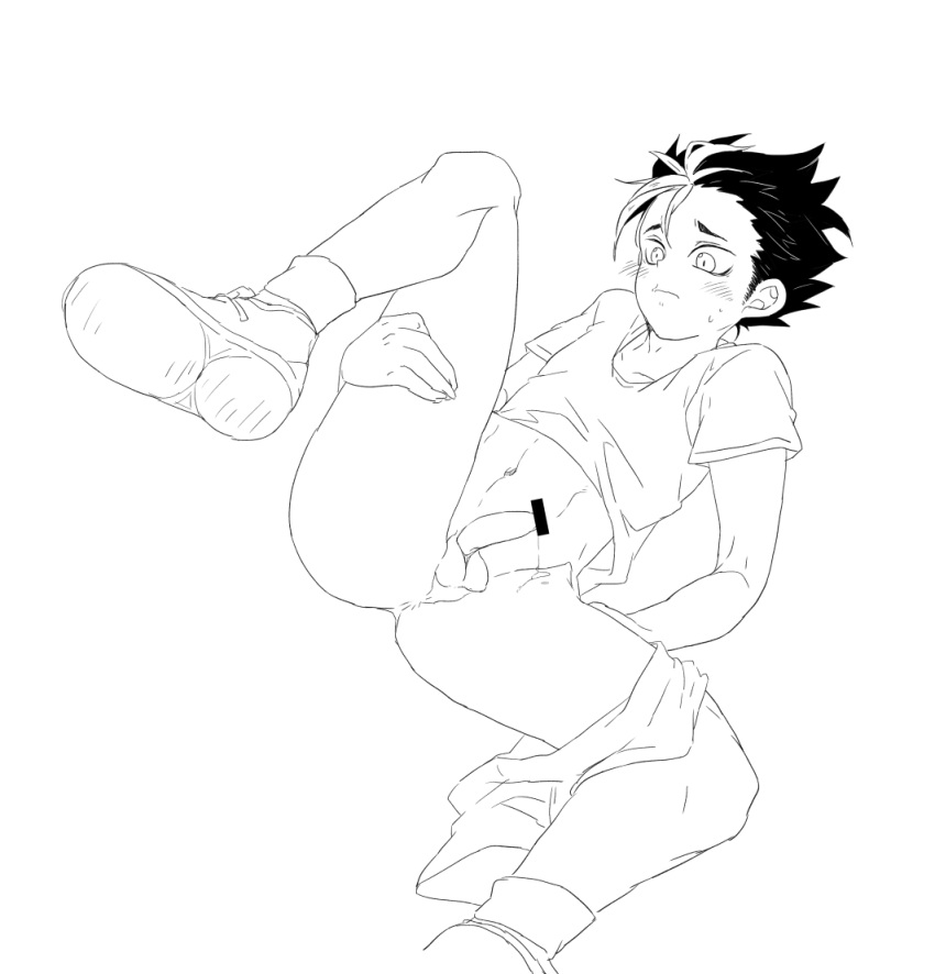 1boy ass bottomless haikyuu!! leg_lift male_only monochrome nishinoya_yuu penis simple_background solo testicles undressing white_background