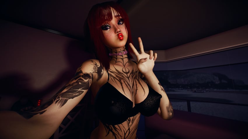 1girls 3d 4k apartment ass big_breasts black_hair bra breasts collar cosmic_eyes crashbanditkut eyebrows eyelashes eyeshadow female female_focus freckles freckles_on_face hair hi_res high_resolution highres house legs light-skinned_female light_skin lips lips_puckered lipstick looking_at_viewer makeup medium_hair multicolored_eyes multicolored_hair night original original_character panties peace_sign pet_play red_hair red_lipstick selfie smile solo stockings tattoo tattoos virt-a-mate virtamate