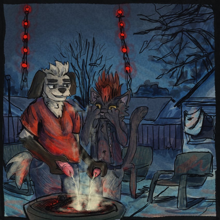 1:1 animal_genitalia animal_penis anthro anthro_focus assisted_peeing bodily_fluids canid canine canis chair circumcised clothed clothing domestic_cat domestic_dog duo embarrassed felid feline felis fire furniture genital_fluids genitals hand_on_penis hands_over_eyes hi_res holding_another's_penis holding_penis humanoid_genitalia kittee_mortis male male/male mammal night outside peeing peeing_outside peeing_together penetration penis penis_poking_out penis_through_fly shih_tzu smile smirk smoke steam toy_dog urine urine_stream watersports yard
