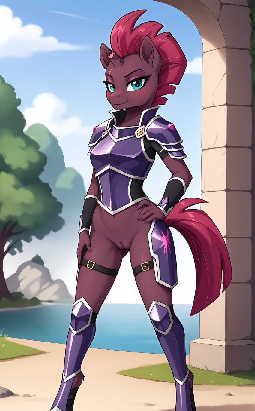1girls 2025 ai_generated anthro armor blue_eyes broken_horn digitigrade equine female female_only hand_on_hip hand_on_thigh hasbro hi_res inner_ear_fluff innie_pussy looking_at_viewer my_little_pony no_panties no_pants outdoors pony purple_body pussy smile tempest_shadow_(mlp)