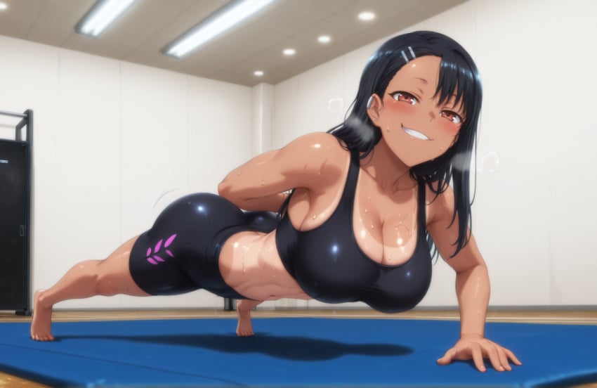 ai_generated big_ass big_breasts black_hair breasts bubble_ass bubble_butt cameltoe female female_focus fit fit_female gym gym_clothes gym_uniform hayase_nagatoro indoors kikia1 long_hair please_don't_bully_me,_nagatoro push_ups skinny slim_girl tan_body tanline tight_clothing