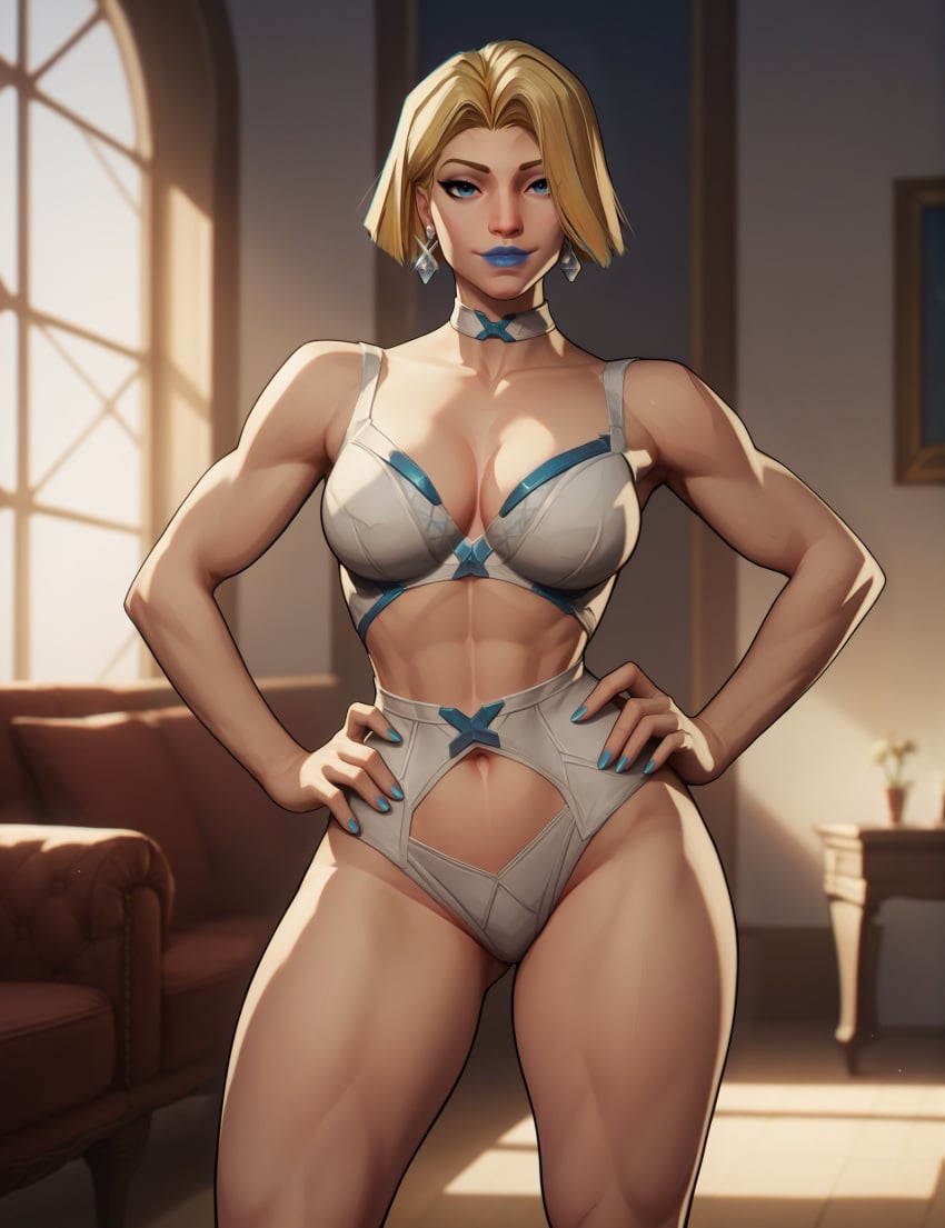 abs absurd_res ai_assisted ai_generated athletic athletic_female blonde_female blonde_hair blue_hair blue_lipstick blue_nails bob_cut caucasian caucasian_female choker closed_mouth closed_mouth_smile emma_frost emma_frost_(marvel_rivals) female lingerie marvel marvel_comics marvel_rivals muscular_arms muscular_female muscular_legs muscular_thighs photoshop stable_diffusion synth_canvas tagme thick_thighs wide_hips