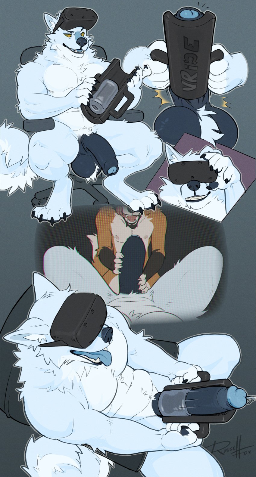 1boy absurd_res ball_tuft balls big_balls big_penis canid canine canis chair cirrus_(bestteeth) darkened_genitalia domestic_dog duo foreskin fucking_machine furniture genitals hi_res huge_cock looking_pleasured machine male male/male male_only mammal muscular muscular_male nordic_sled_dog office_chair penis russell_allen samoyed sex_machine solo spitz tongue tongue_out tuft uncircumcised virtual_reality